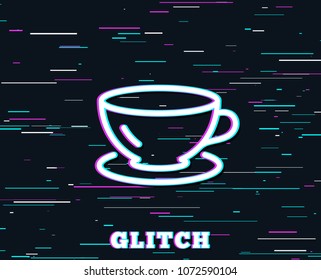 Glitch effect. Tea cup line icon. Coffee drink sign. Fresh beverage symbol. Background with colored lines. Vector