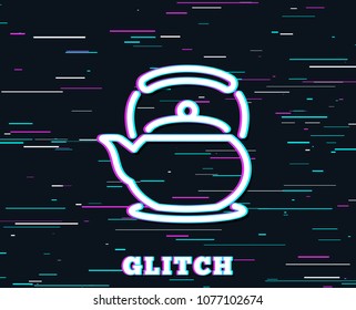Glitch effect. Teapot line icon. Hot drink sign. Fresh beverage in kettle symbol. Background with colored lines. Vector