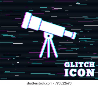 Glitch effect. Telescope icon. Spyglass tool symbol. Background with colored lines. Vector