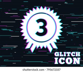 Glitch effect. Third place award sign icon. Prize for winner symbol. Background with colored lines. Vector