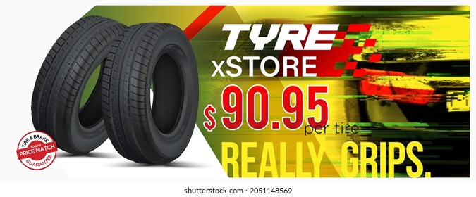 Glitch effect. Tire car advertisement poster. Information. Store. Action. Landscape poster. Flyer. Booklet. Brochure. Web design. Sale flyer. Two car rubber. Promo action. Banner car tire. 