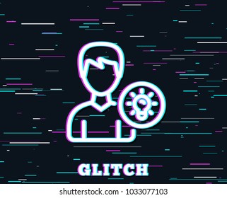 Glitch effect. User line icon. Profile with Lamp bulb sign. Male Person silhouette with idea symbol. Background with colored lines. Vector