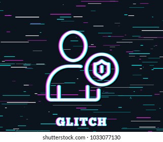 Glitch effect. User Protection line icon. Profile Avatar with shield sign. Person silhouette symbol. Background with colored lines. Vector