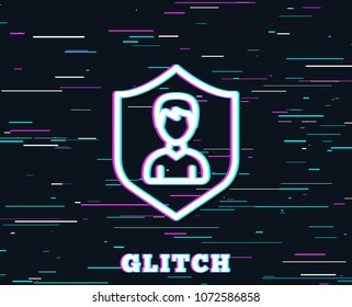 Glitch effect. User Protection line icon. Profile Avatar with shield sign. Male Person silhouette symbol. Background with colored lines. Vector