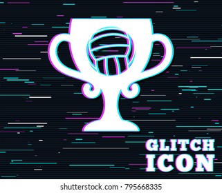 Glitch effect. Volleyball sign icon. Beach sport symbol. Winner award cup. Background with colored lines. Vector