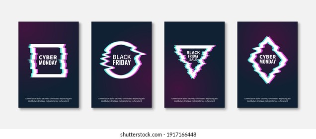 Glitch effects. Abstract trendy frame posters, glitched designs concept, dynamic damaged geometric shapes, black friday and cyber monday sale add. Vector modern minimal cards template with copy space