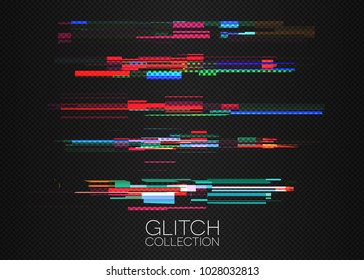 Glitch effects collection on transparent . Colored stripe set . Isolated vector objects .