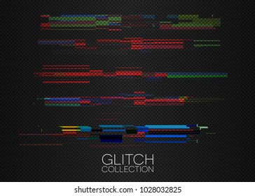 Glitch effects collection on transparent . Colored stripe set . Isolated vector objects .