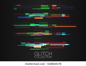 Glitch effects collection on transparent . Colored stripe set . Isolated vector objects .