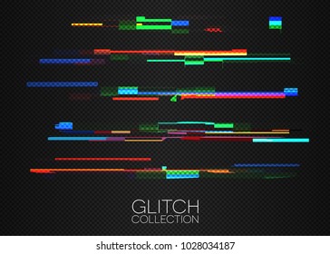 Glitch effects collection on transparent . Colored stripe set . Isolated vector objects .