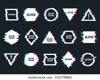 Glitch effects frames. Distortion and noise abstract minimalistic shapes, digital interferences design, broken forms modern graphic. Trendy minimal poster templates with copy space vector isolated set