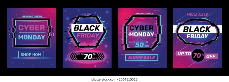 Glitch effects posters. Cyber Monday and Black Friday sales. Shopping discount flyer layout design template. Trendy distorted frame. Futuristic border. Vector store
