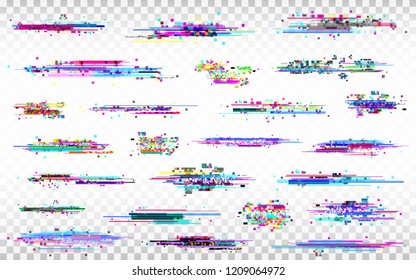 Glitch elements set. Color distortions on transparent background. Abstract digital noise. Error collection. Modern glitch templates. Pixel design. Vector illustration.