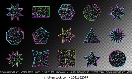 Glitch elements set. Computer screen error templates. Digital pixel noise abstract design. Poster design pixel details. Glitches collection. TV signal fail. Data decay. Technical problem grunge.