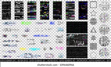 Glitch elements set. Computer screen error templates. Digital pixel noise abstract design. Glitch art. Poster design pixel details. Glitches collection. TV signal fail. Data decay. Technical problem.