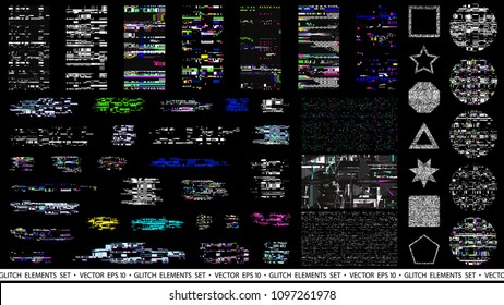 Glitch elements set. Computer screen error templates. Digital pixel noise abstract design. Glitch art. Poster design pixel details. Glitches collection. TV signal fail. Data decay. Technical problem.