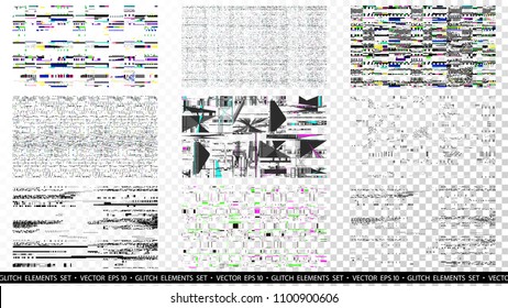 Glitch elements set. Computer screen error templates. Digital pixel noise abstract design. Poster design pixel details. Glitches collection. TV signal fail. Data decay. Technical problem grunge.