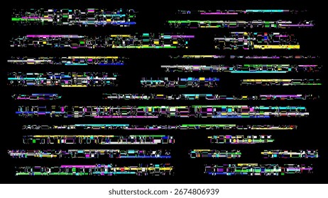 Elementos de falha definidos. Ruído de pixel digital. Falha de sinal. Plano de fundo de falha de vetor simples. Problema técnico na tela. Sem sinal de TV. Coleção de sobreposições de tela de falhas.