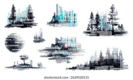 Glitch elements vector graphics with landscape and tree abstract shapes. Digital art for backgrounds, modern design, textures. Vector graphics.