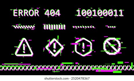 Glitch error 404 texto e iconos de advertencia establecidos. Efecto de distorsión retro en la pantalla del ordenador, error de software y concepto de virus.