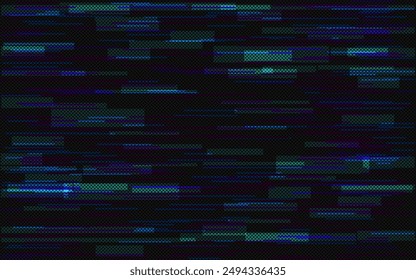 Glitch error screen. Cyberpunk video distortion. Futuristic noise effect. Dynamic overlay lines. Random color shapes and pixels. Damaged TV signal. Vector illustration.