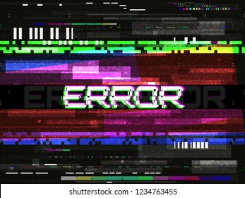 Glitch error template. Video problem concept. Color pixels and lines. Glitched elements and noise on dark background. No signal design. Game glitch. Vector illustration.