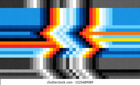 Glitch Error VHS vector phrase in pixel art style with screen glitch VHS static noise effect. Color illustration. Retro vintage TV television disturbances screen. Basic platform. Occasional pixels.