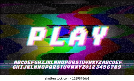 Glitch Error VHS vector phrase in pixel art style with screen glitch static  noise. RGB Color illustration. Retro alphabet font. TV television disturbances screen. Basic platform. Occasional pixels.