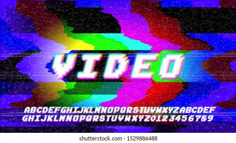 Glitch Error VHS vector phrase in pixel art style with screen glitch static  noise. RGB Color illustration. Retro alphabet font. TV television disturbances screen. Basic platform. Occasional pixels.