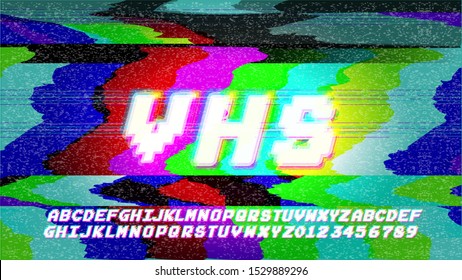 Error de ajuste VHS frase vectorial en estilo de arte de píxeles con ruido estático de destellos de pantalla. Ilustración de color RGB. Fuente del alfabeto retro. Televisión de pantalla de perturbaciones. Plataforma básica. Pixeles ocasionales.