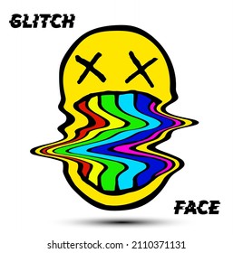 Glitch Face. Hand drawn funny vector illustration of an abstract glitched and zigzag deformed dead emoticon yellow face with rainbow colorful teeth isolated on white background.