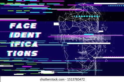 glitch face id technology. Trendy future touch scanning systems. Innovations systems identifications and development computers software industry. Poligon personal encryption protection.