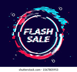 Glitch flash sale banner, distorted circle shape with glitch effect, noise and neon colors. Vector abstract ring template for sale, shopping, advertising, covers and flyers dsign.
