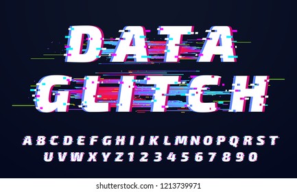 Glitch font. Digital glitched alphabet, game screen letters and broken old display lettering or distortion stylized tv vhs digital bug letter. Alphabet and numbers grunge vector isolated symbols set