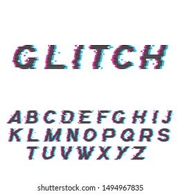 Glitch font or distorted abc, trendy latin type set vector illustration. Broken characters, distortion effect of inscription on screen, capital letters isolated on white background