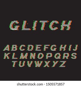 Glitch font or distorted abc, trendy latin type set vector illustration. Broken characters, distortion effect of inscription on screen, capital letters isolated on black background