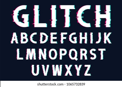 Glitch font with distorted effect in 80s and 90s style. Glitch english alphabet with tv screen noise effect. Vector retro font