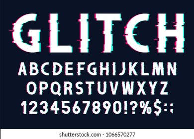 Glitch Font With Distorted Effect In 80s And 90s Style. Glitch English Alphabet With Numbers And Marks, Tv Screen Noise Effect. Vector Retro Font