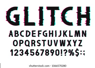 Glitch font with distorted effect in 80s and 90s style. Glitch english alphabet with numbers and marks, tv screen noise effect. Vector retro font