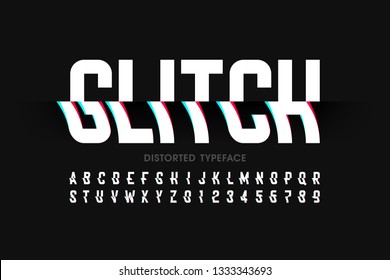 Glitch Font With Distorted Effect, Alphabet Letters And Numbers Vector Illustration