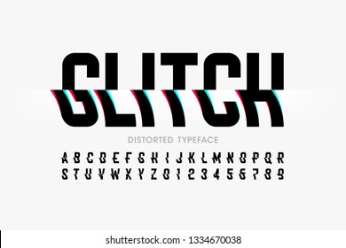 Glitch font with distorted effect, alphabet letters and numbers vector illustration