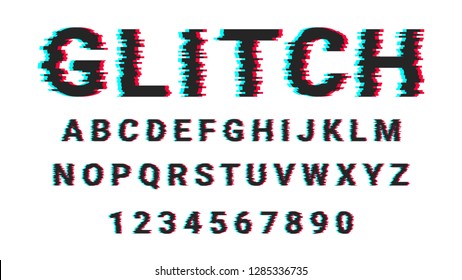Glitch font with distorted effect on white background. Trendy style lettering typeface. Letters and numbers in 80s and 90s style. Blue and red channels