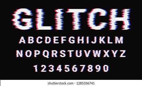 Glitch font with distorted effect on black background. Trendy style lettering typeface. Letters and numbers in 80s and 90s style. Blue and red channels