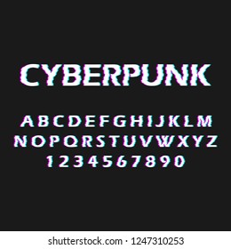 Glitch font. Distorted, malfunction font. Style cyberpunk. Letters and numbers. Vector illustration.