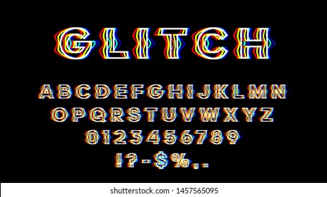 Glitch font with distortion effect. English letters, numbers and symbols with glitch effect. Yellow, red and blue channels. Eps 10