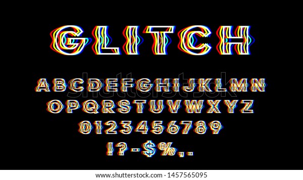 歪み効果のあるフォントがきらめく 英語の文字 数字 およびグリッチ効果のある記号 黄色 赤 青のチャンネル Eps10 のベクター画像素材 ロイヤリティフリー