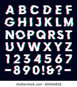 Glitch font with distortion effect vector letters and numbers, dark background