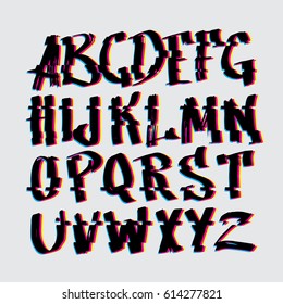 Glitch font with distortion effect. Vector illustration.