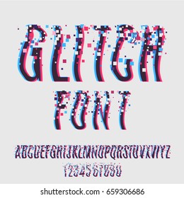 Glitch font with distortion stereoscopic effect. Digital decay. Corrupted image vector file. Letters and numbers vector illustration. Glitch in image processing. Digital Effect Alphabet. Vector