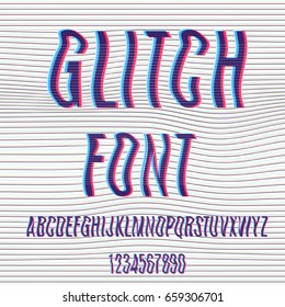 Glitch font with distortion stereoscopic effect. Digital decay. Corrupted image vector file. Letters and numbers vector illustration. Glitch in image processing. Digital Effect Alphabet. Vector .